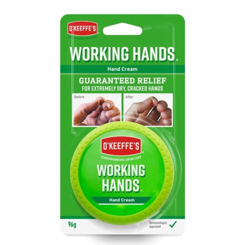 O’Keeffe’s Working Hands hidratáló kézkrém csomagolásban – professzionális ápolás munkától igénybevett kezekre.