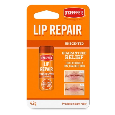 O’Keeffe’s Lip Repair illatmentes ajakbalzsam csomagolása száraz, kicserepesedett ajkakra
