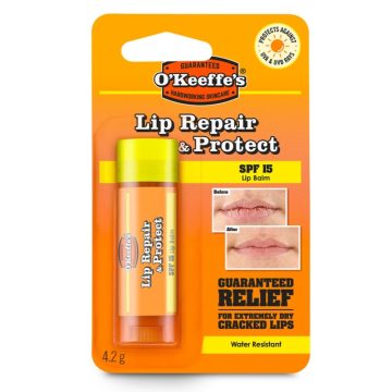 O’Keeffe’s Lip Repair & Protect SPF 15 fényvédő ajakbalzsam száraz, kicserepesedett ajkakra, 4,2 g csomagolása